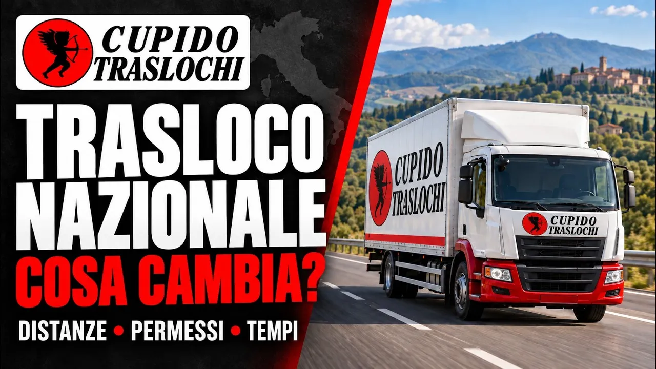 Copertina del video: camion bianco e rosso di Cupido Traslochi in autostrada tra le colline, con il testo Trasloco nazionale, cosa cambia? Distanze, permessi, tempi